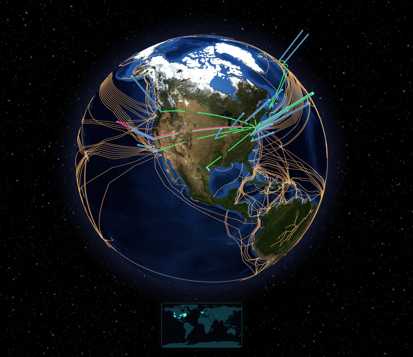 NetGlobe 3D globe rendering centered on the Americas, overlaid with the global submarine-cable network as fine orange lines and live cyan and mint connection arcs arcing out from the user's location, with a small 2D mini-map pinned at the bottom for orientation.